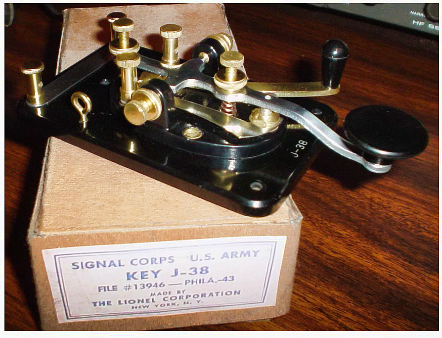 A J-38 telegraph key, the classic hand key for sending Morse code
