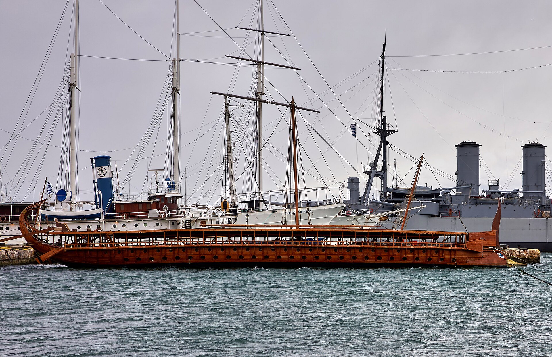 The full-scale trireme reconstruction Olympias moored at Flisvos Marina, Paleo Faliro, Athens, in 2019