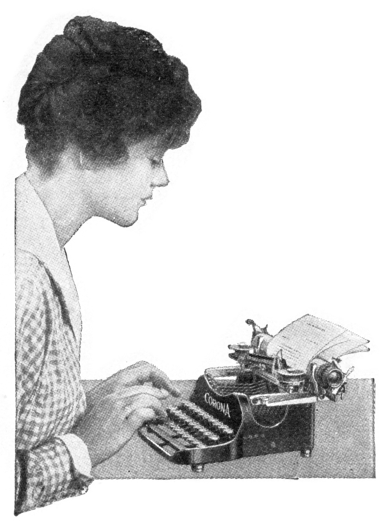 Period photograph of a typist using a Corona folding typewriter