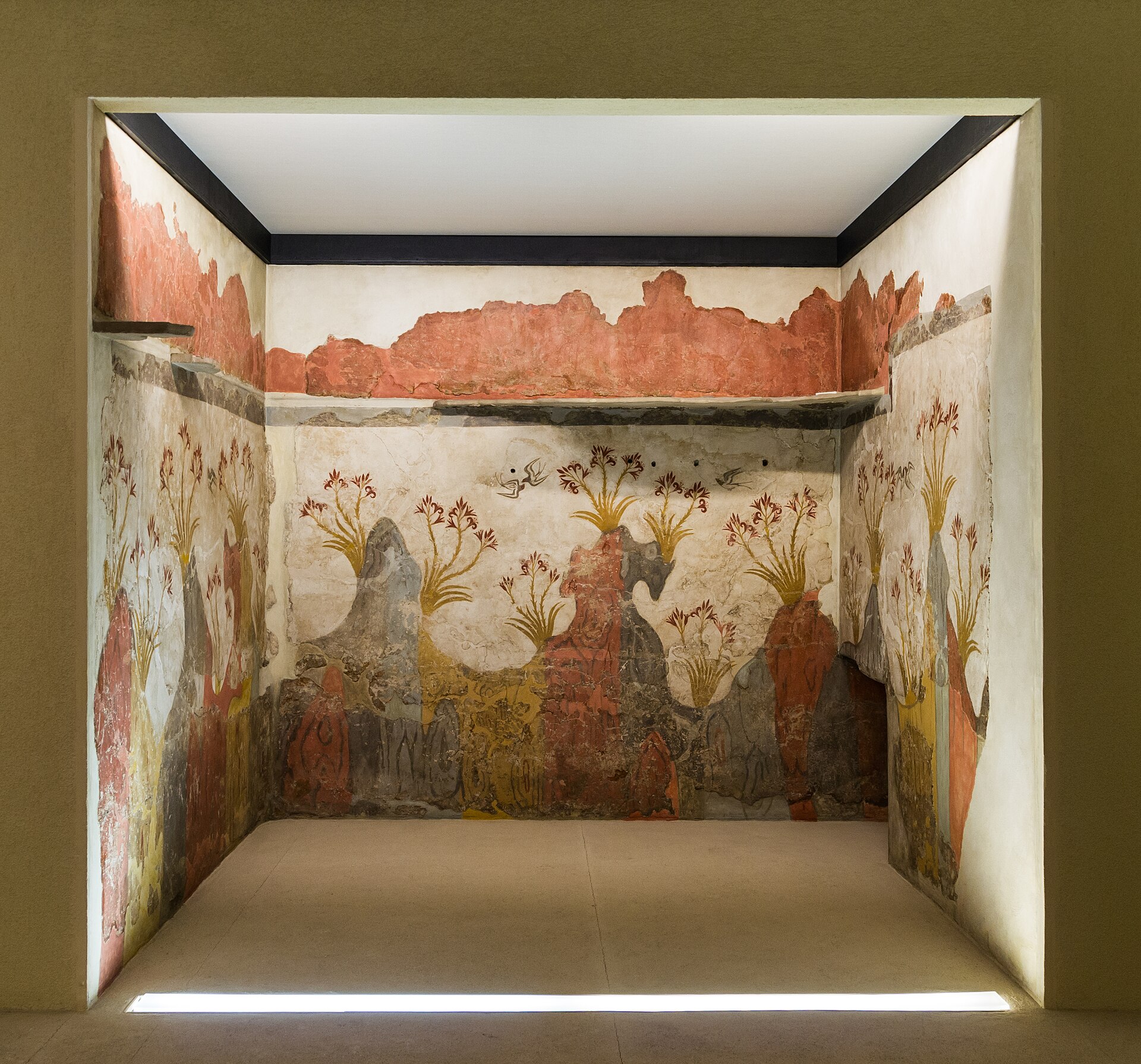 The Spring Fresco from Akrotiri: swallows in flight above red lilies, a Bronze Age wall painting, National Archaeological Museum, Athens.