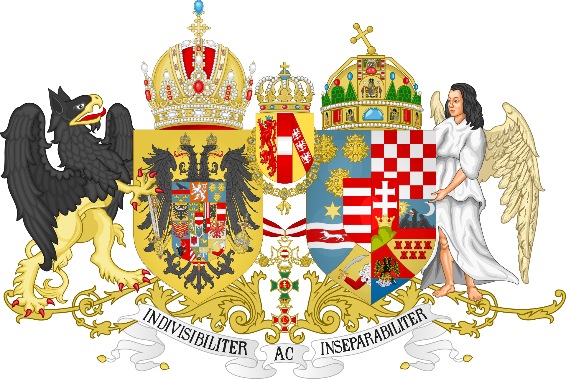 The 1914 middle coat of arms of Austria-Hungary, combining the Austrian and Hungarian arms of the dual monarchy.