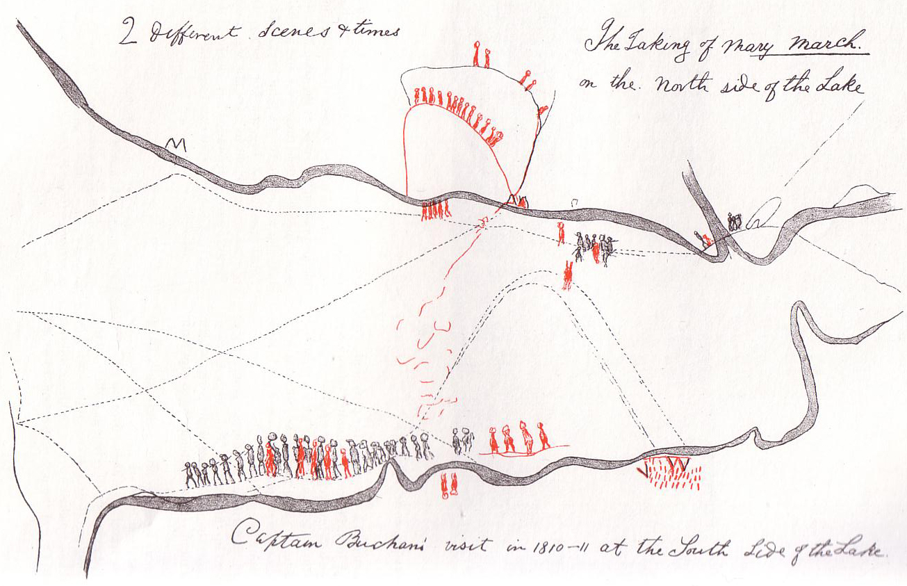 Shanawdithit's drawing depicting the capture of Demasduit, a Beothuk woman