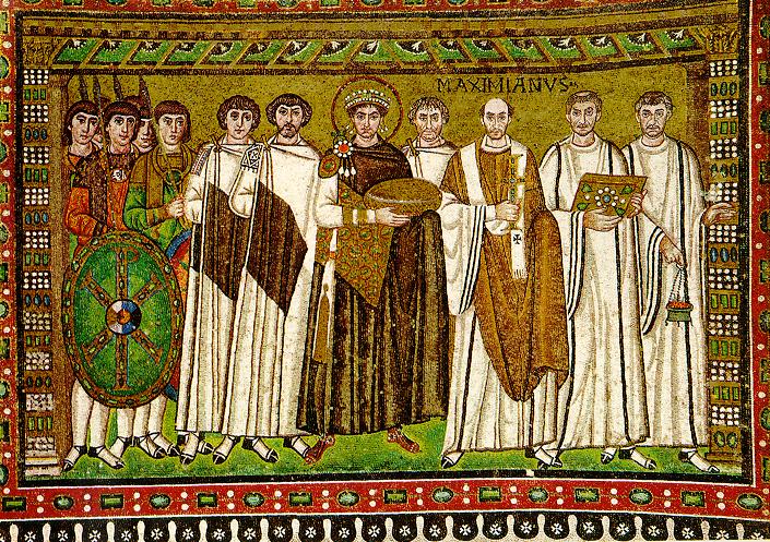 Emperor Justinian and his court, mosaic at San Vitale, Ravenna, c. 547