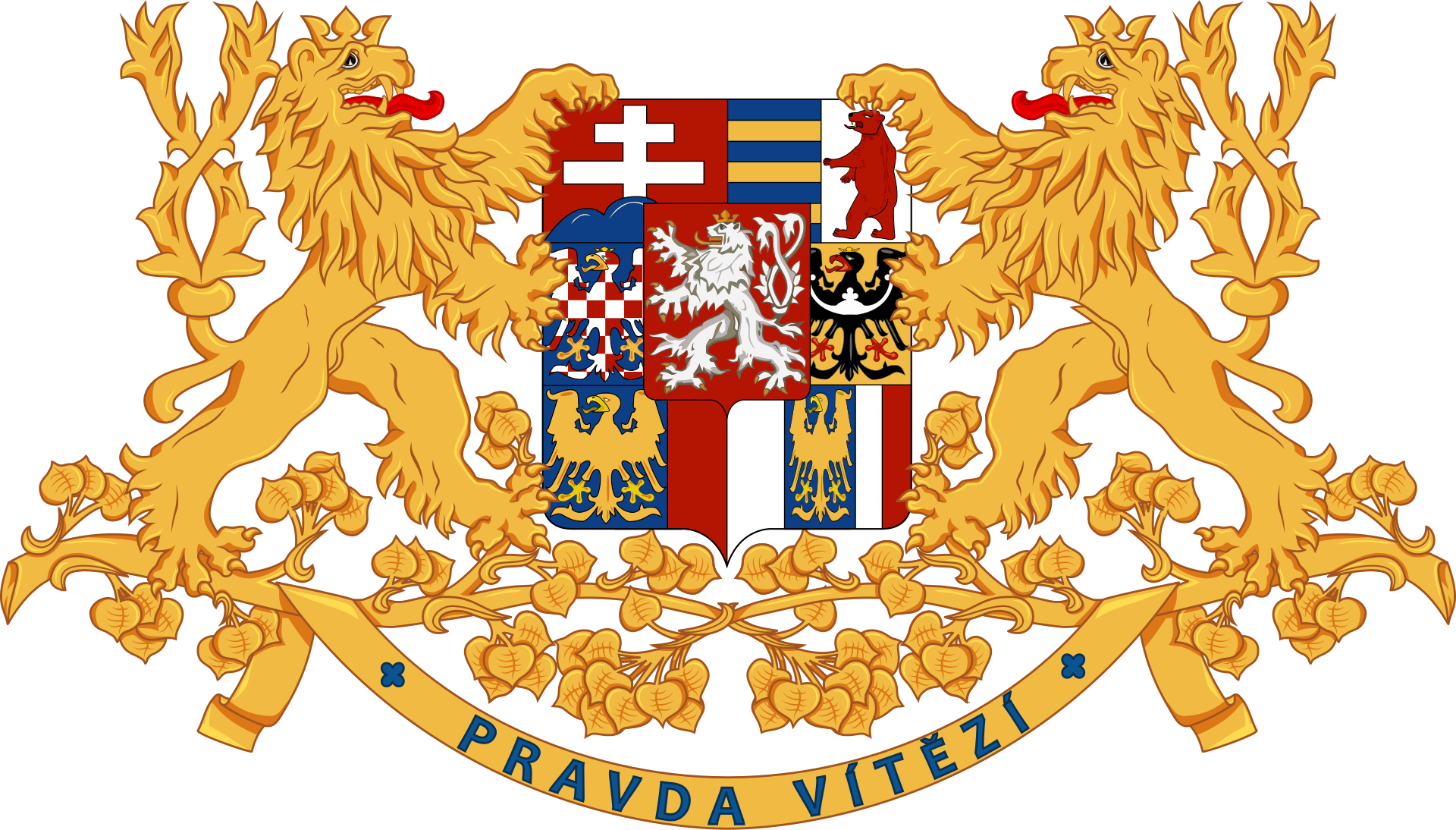 Greater coat of arms of Czechoslovakia (1918-1938, 1945-1961): the Bohemian lion with the Slovak double cross and other lands.