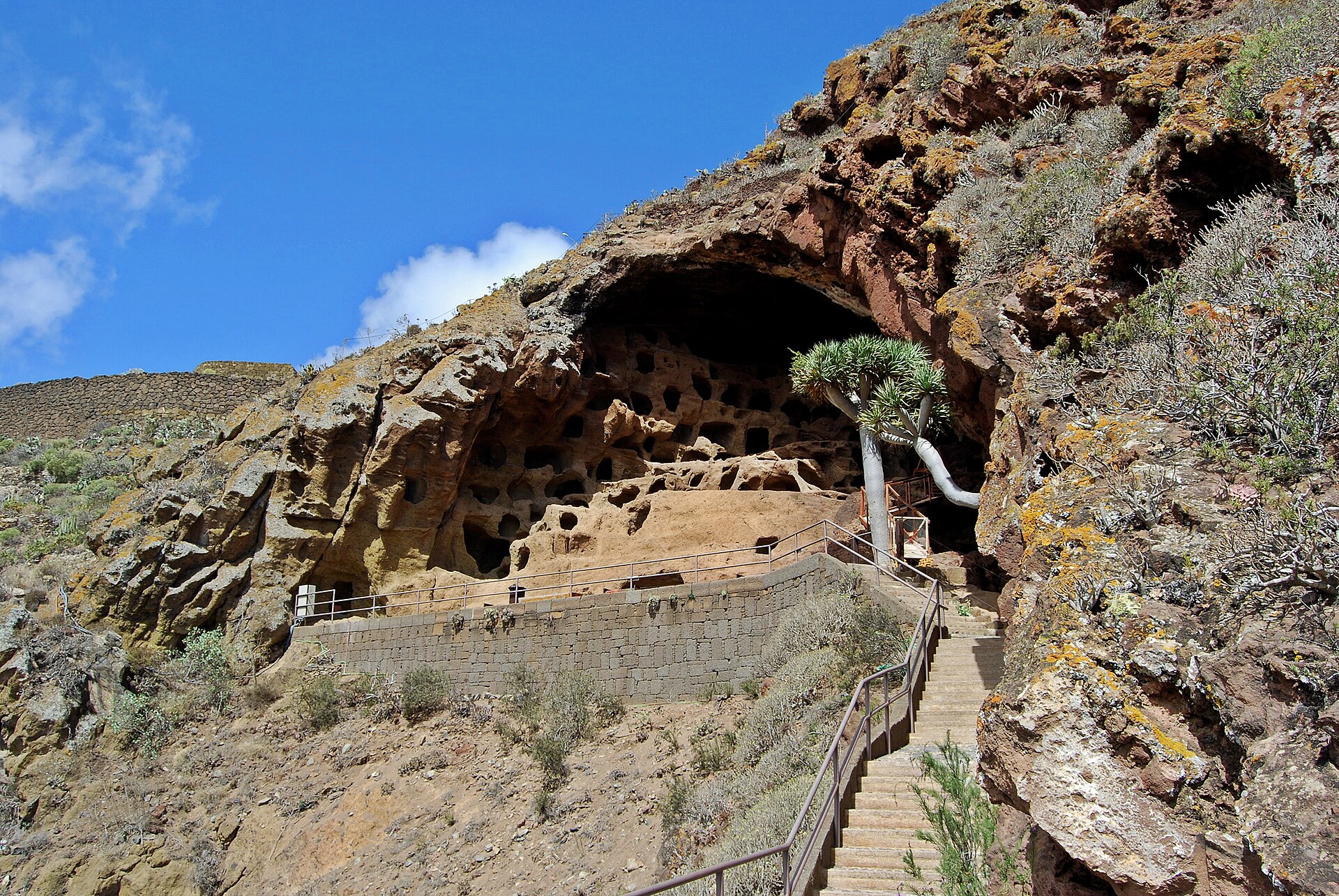 The Cenobio de Valerón, a Guanche communal granary of cave chambers carved into rock, Gran Canaria