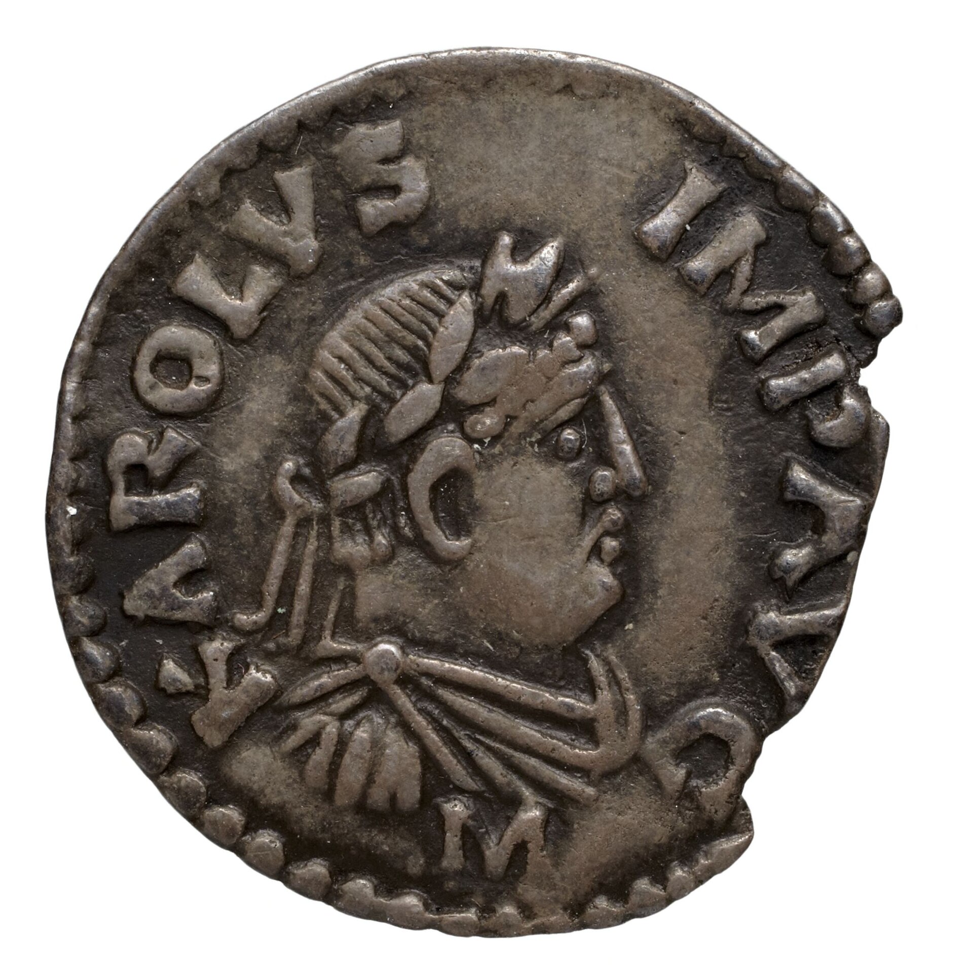 Silver denier coin of Charlemagne minted at Mainz, 812-814 AD