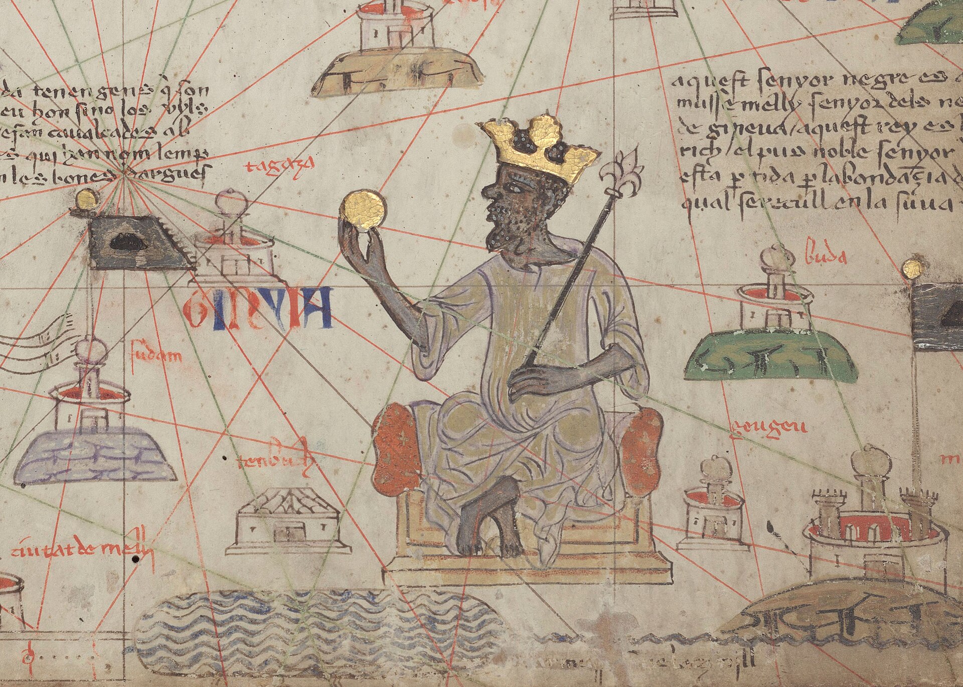 Mansa Musa of Mali holding a gold coin, from the 1375 Catalan Atlas