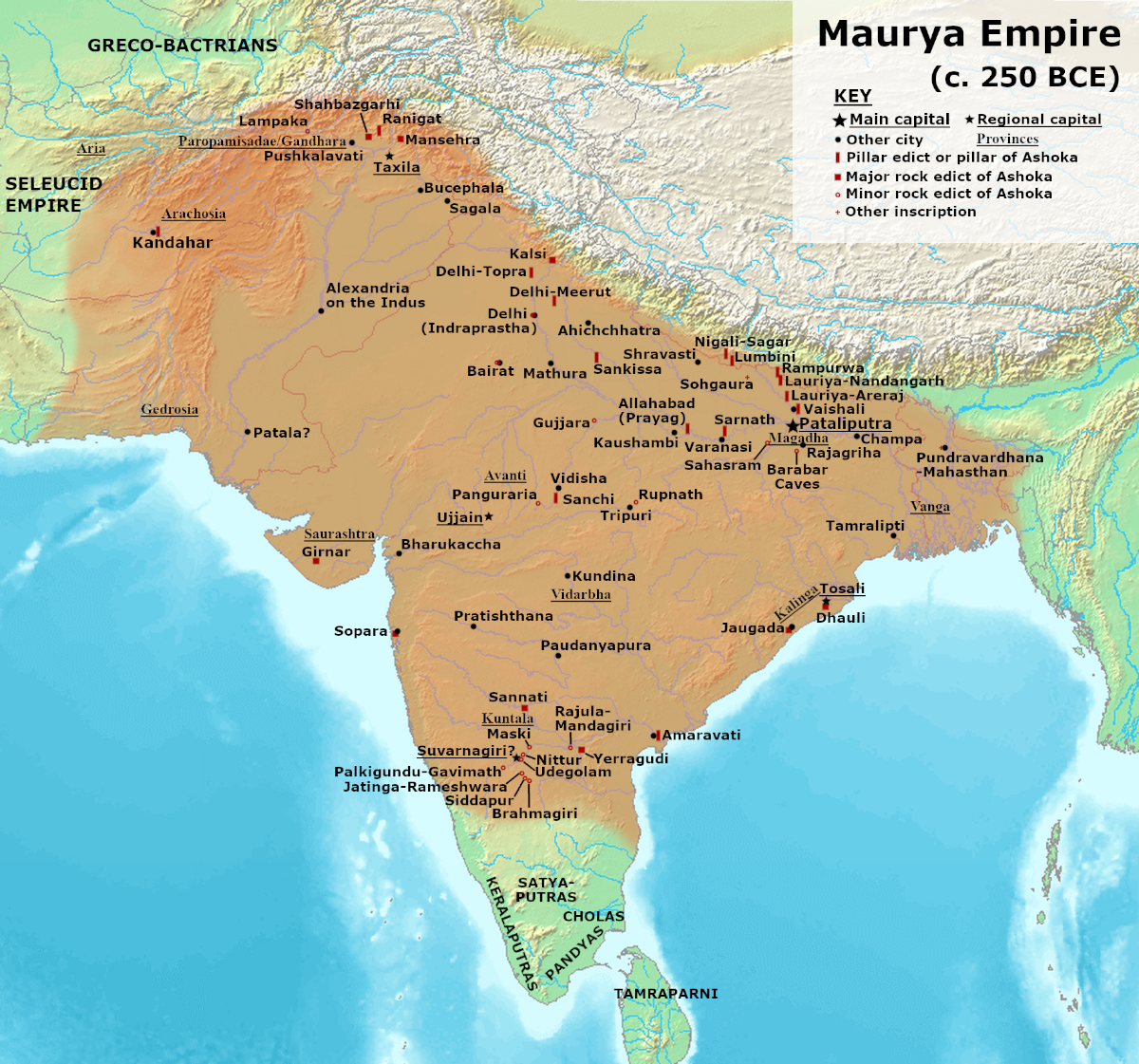 Map of the Maurya Empire at its greatest extent c. 250 BCE