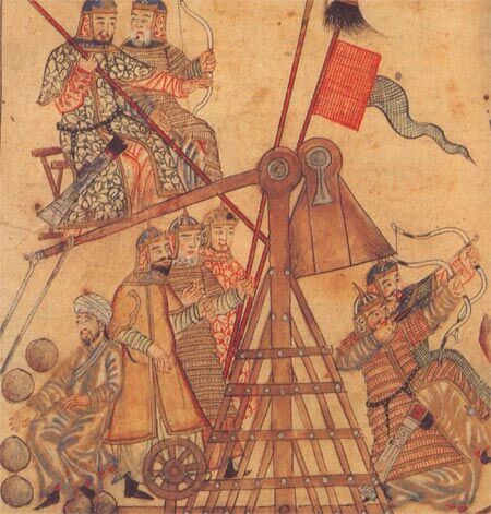 Mongol troops with a catapult, miniature from Rashid al-Din's chronicle, c. 1307