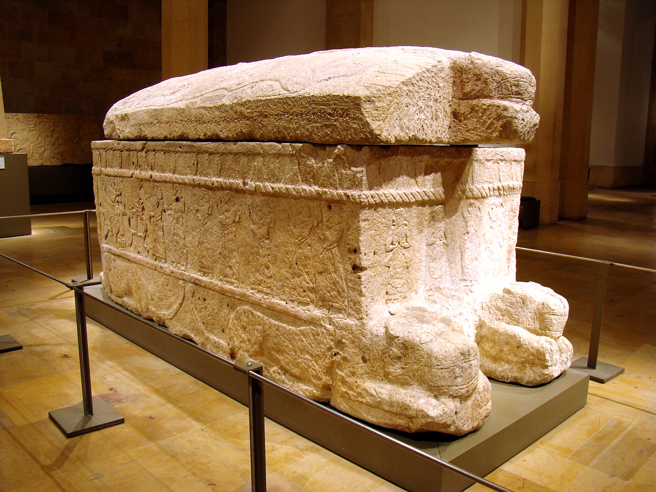 The Sarcophagus of Ahiram, king of Byblos, bearing the earliest substantial Phoenician inscription, c. 10th century BCE, National Museum of Beirut.