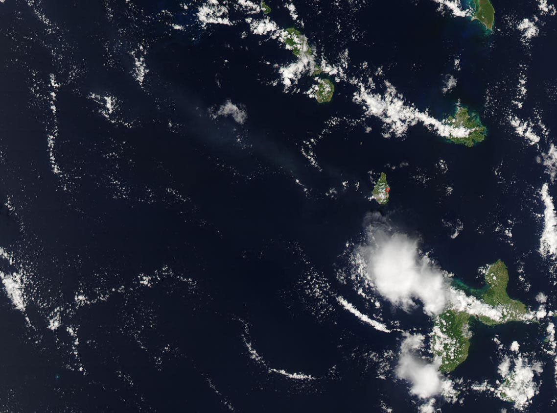 Soufrière Hills volcano on Montserrat erupting, seen from space
