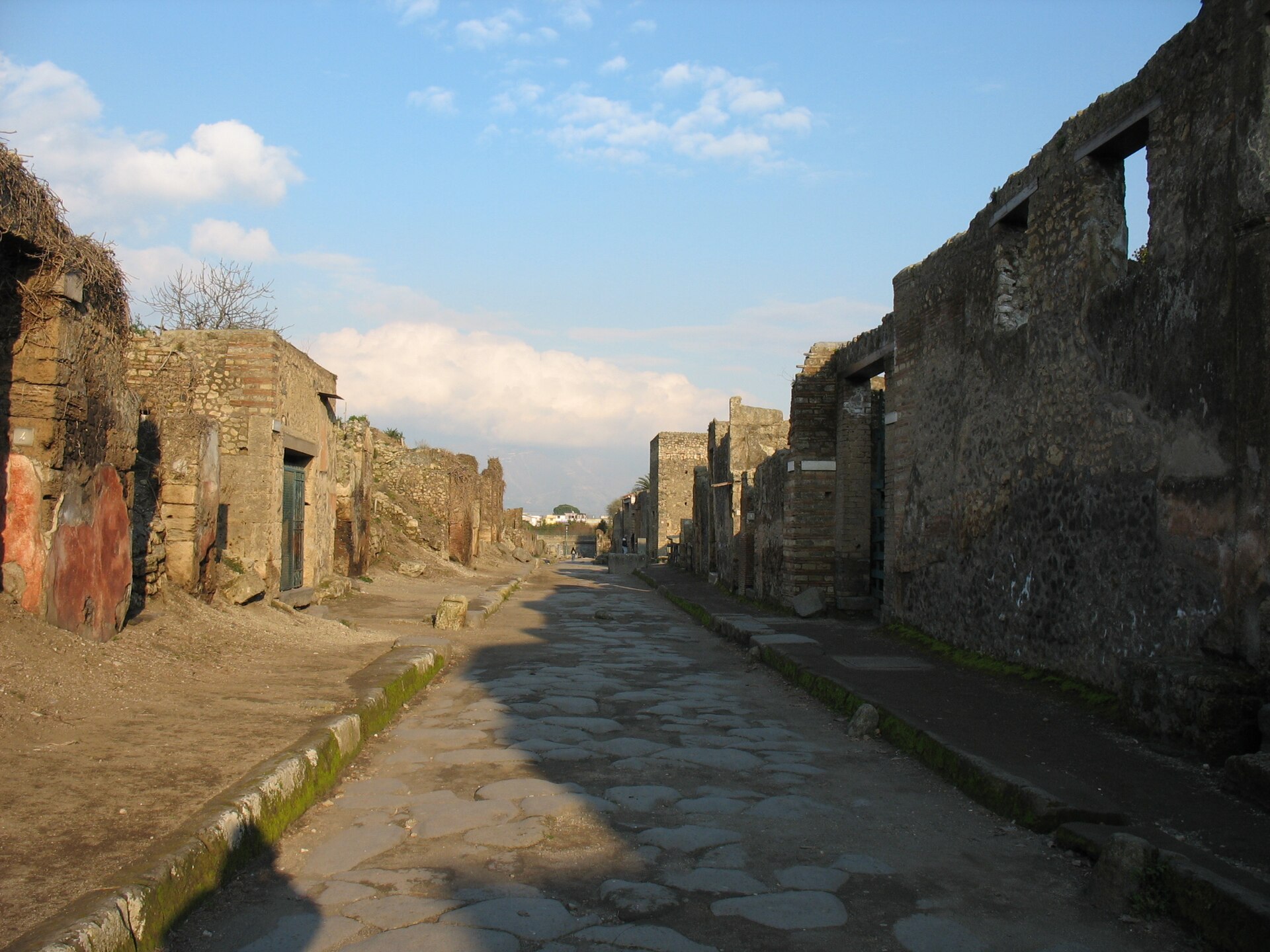 The Via dell'Abbondanza, a main street of Pompeii, paved in stone and lined with the ruins of Roman buildings.
