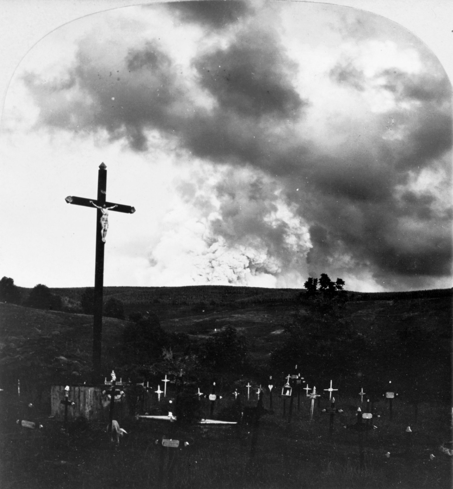 Mont Pelée and the destroyed town of Saint-Pierre after the 1902 eruption