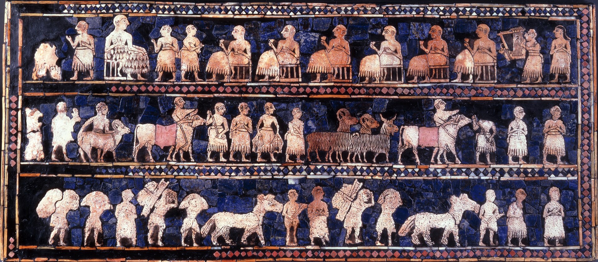The Peace panel of the Standard of Ur (c. 2600 BCE), depicting a Sumerian banquet, from the Royal Cemetery at Ur